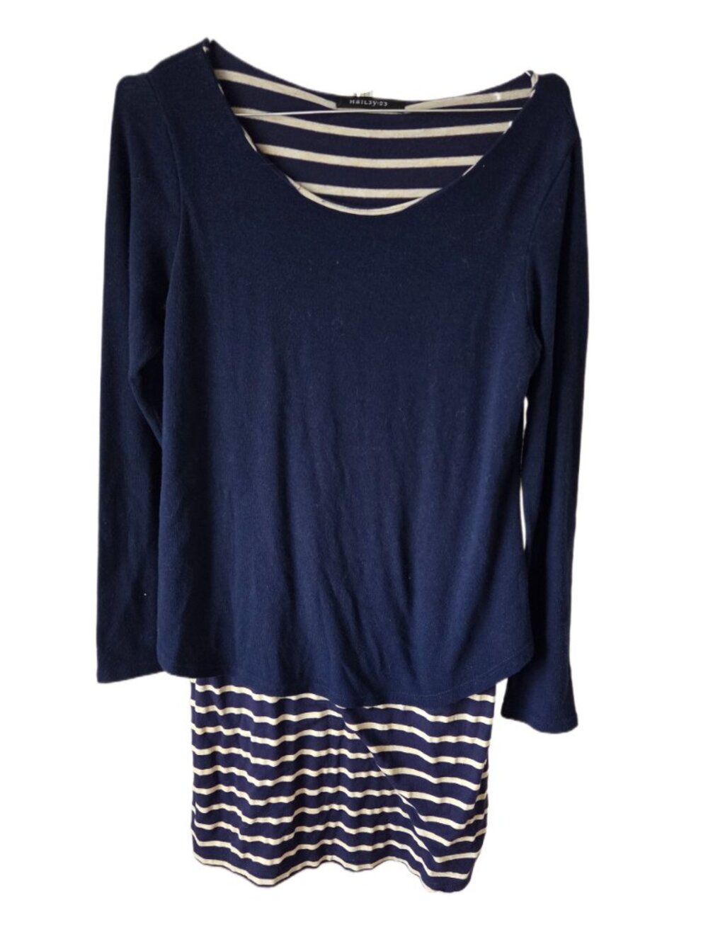 Hail3y:23 Navy Blue and Cream striped Popover Knit Long Sleeve Dress